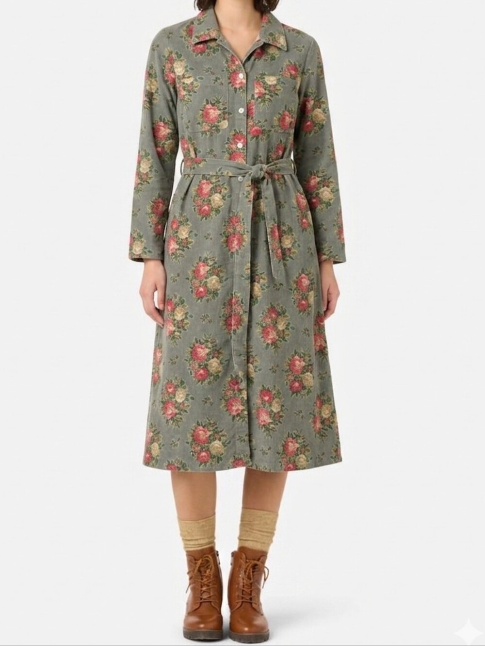 April Cornell Floral Corduroy Shirt Dress Size XS Green 100% Cotton Cottagecore